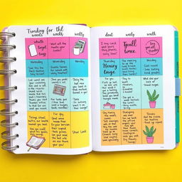 A beautifully organized planner spread showcasing a vibrant weekly schedule