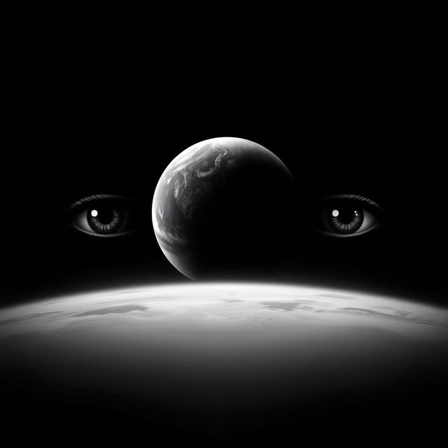 A striking black and white image featuring a planet at the center, with a smooth black fade around it, symbolizing depth and mystery