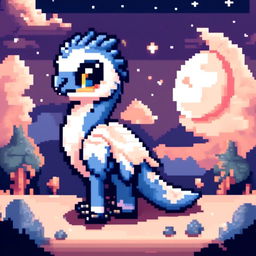 Pixel art PFP featuring a cute blue and white Oviraptor against a backdrop of a moonlit night.