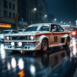 A thrilling front three-quarter view of a Russian Auto АЗЛК 2140 from 1985 or an ИЖ 412 Москвич from 1972, both presented in a captivating white color with a striking tuning race style