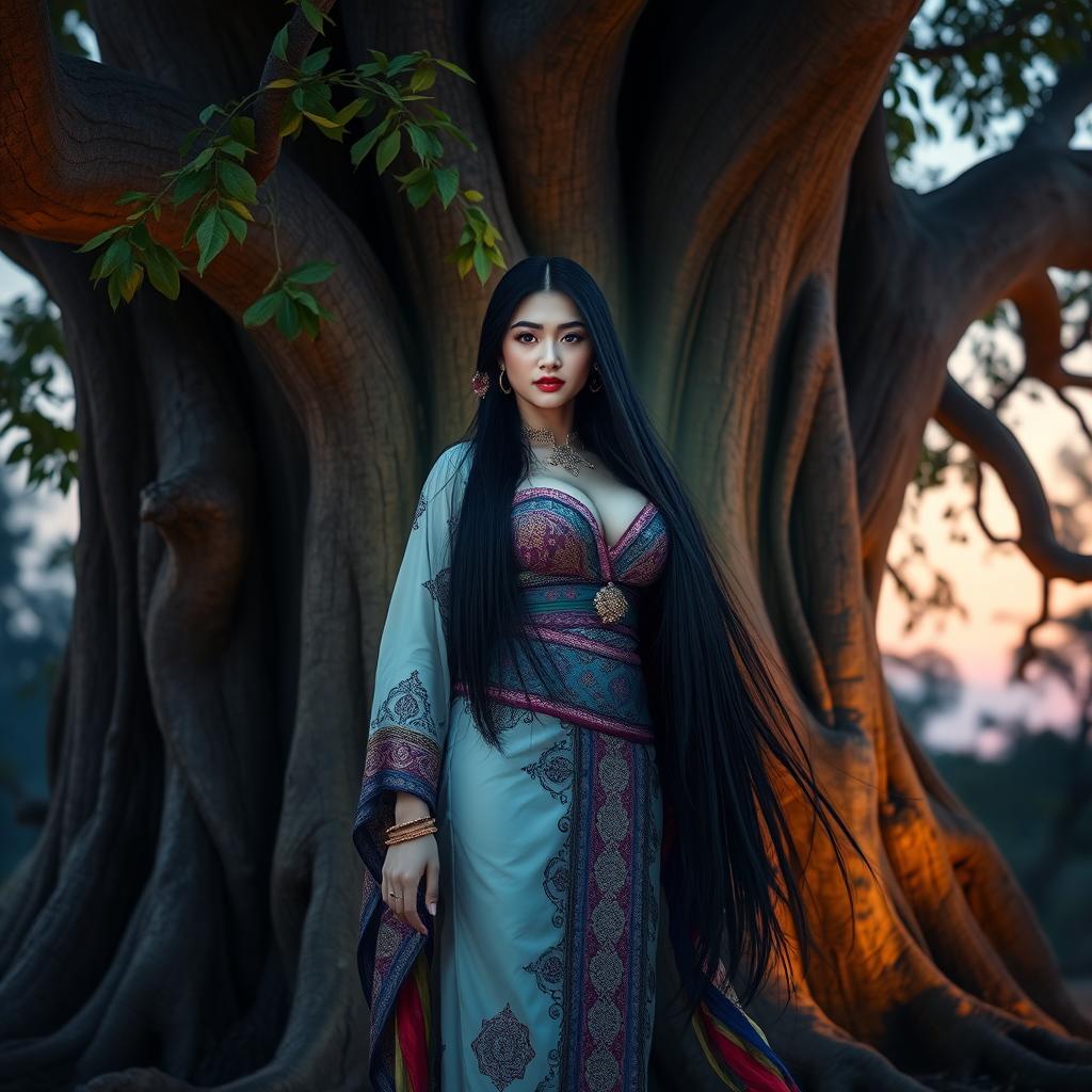 A beautiful Thai ghost woman with long flowing black hair and large breasts, wearing a traditional Thai outfit that features intricate patterns and vibrant colors