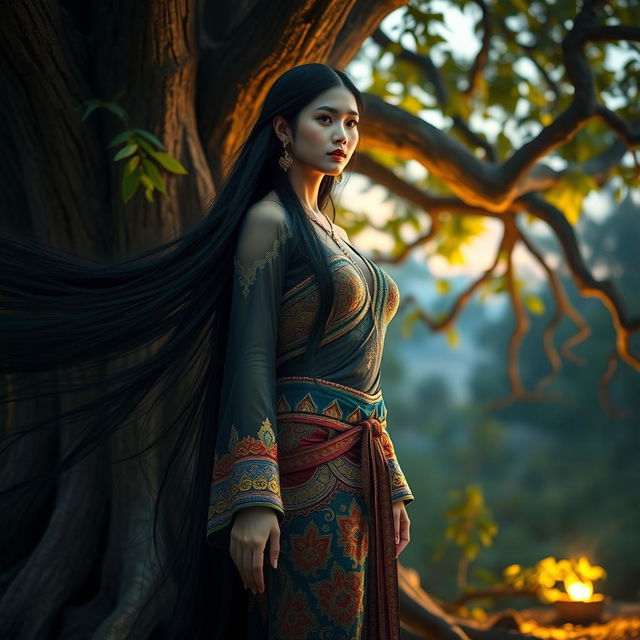 A beautiful Thai ghost woman with long flowing black hair and large breasts, wearing a traditional Thai outfit that features intricate patterns and vibrant colors