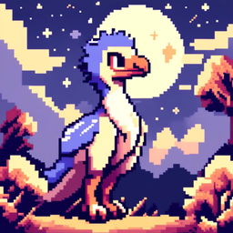 Pixel art PFP featuring a cute blue and white Oviraptor against a backdrop of a moonlit night.