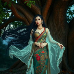 A beautiful Thai ghost woman with long flowing black hair and large breasts, wearing a traditional Thai outfit that features intricate patterns and vibrant colors