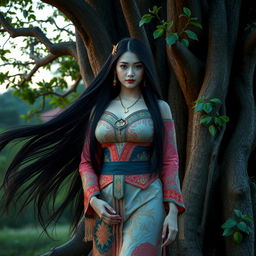 A beautiful Thai ghost woman with long flowing black hair and large breasts, wearing a traditional Thai outfit that features intricate patterns and vibrant colors