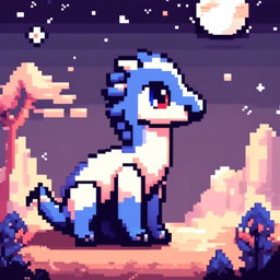 Pixel art PFP featuring a cute blue and white Oviraptor against a backdrop of a moonlit night.