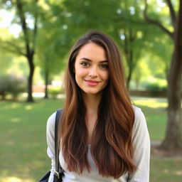 A 30-year-old woman with long, natural brown hair, looking effortlessly beautiful