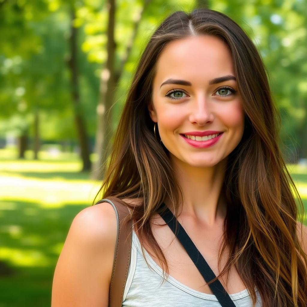 A 30-year-old woman with long, natural brown hair, looking effortlessly beautiful