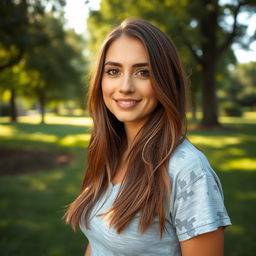 A 30-year-old woman with long, natural brown hair, looking effortlessly beautiful