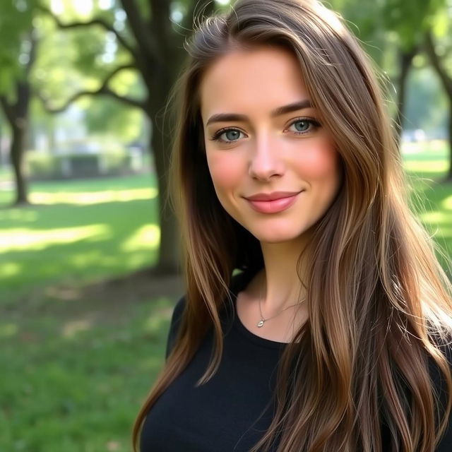 A 30-year-old woman with long, natural brown hair, looking effortlessly beautiful