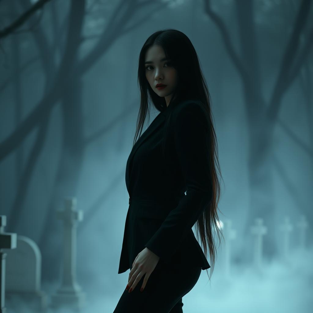 A ghostly woman from Thailand with long hair and an alluring figure, wearing a sleek black suit