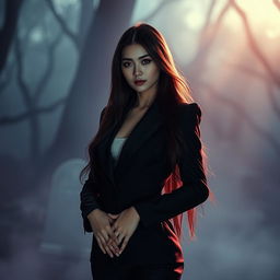 A ghostly woman from Thailand with long hair and an alluring figure, wearing a sleek black suit