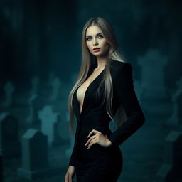 A ghostly woman from Thailand with long hair and an alluring figure, wearing a sleek black suit