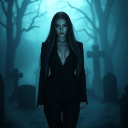 A ghostly woman from Thailand with long hair and an alluring figure, wearing a sleek black suit