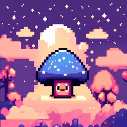 Pixel art profile picture featuring a blue mushroom under a starlit midnight sky.