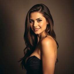 A seductive portrait of a 30-year-old woman with long brown hair, styled elegantly to frame her face