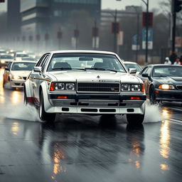 A captivating front three-quarter view of a retro sedan from the USSR, specifically an АЗЛК 2140 from 1985 or an ИЖ 412 Москвич from 1972, both presented in a sleek white color