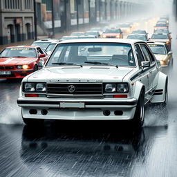 A captivating front three-quarter view of a retro sedan from the USSR, specifically an АЗЛК 2140 from 1985 or an ИЖ 412 Москвич from 1972, both presented in a sleek white color