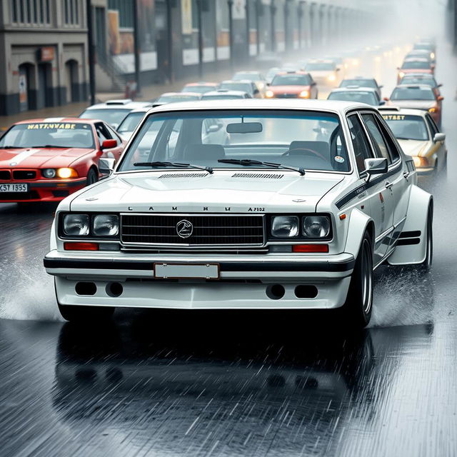 A captivating front three-quarter view of a retro sedan from the USSR, specifically an АЗЛК 2140 from 1985 or an ИЖ 412 Москвич from 1972, both presented in a sleek white color