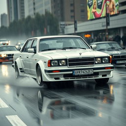 A captivating front three-quarter view of a retro sedan from the USSR, specifically an АЗЛК 2140 from 1985 or an ИЖ 412 Москвич from 1972, both presented in a sleek white color
