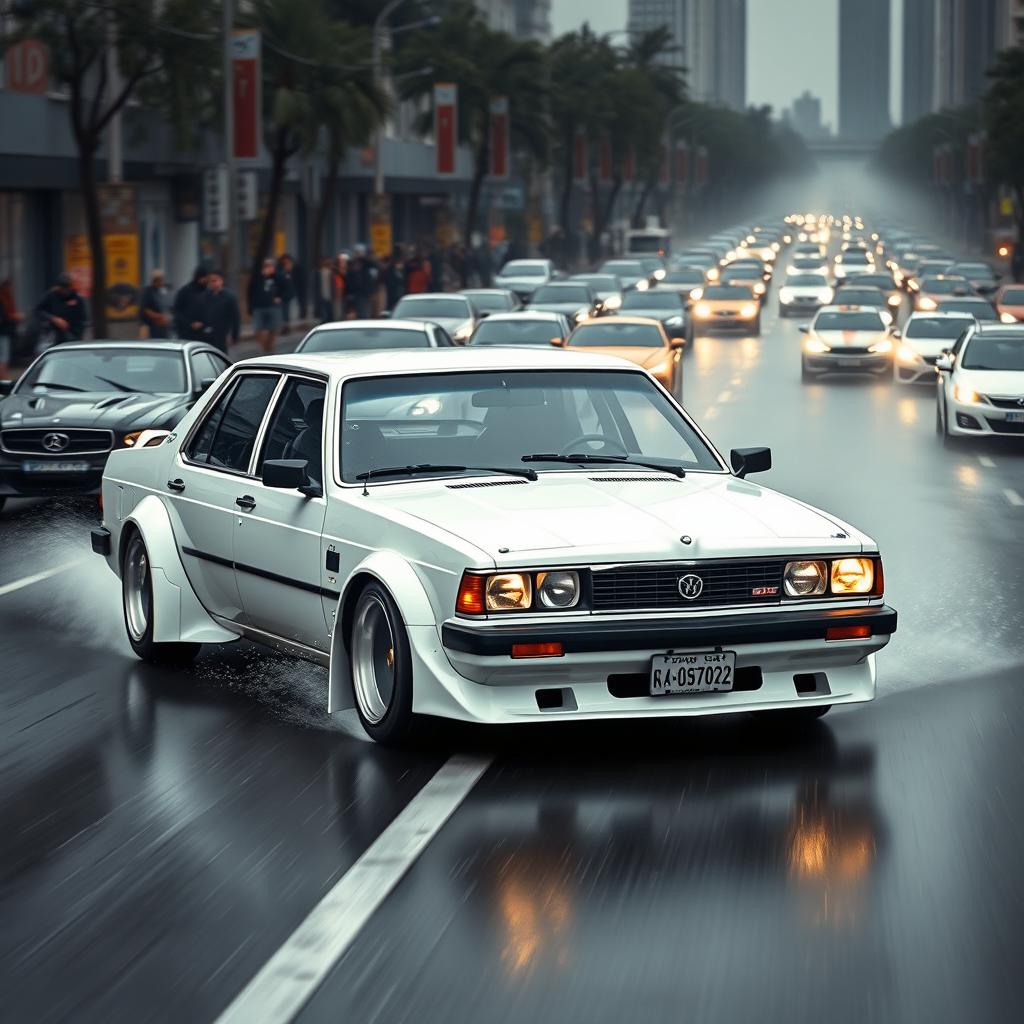 A captivating front three-quarter view of a retro sedan from the USSR, specifically an АЗЛК 2140 from 1985 or an ИЖ 412 Москвич from 1972, both presented in a sleek white color