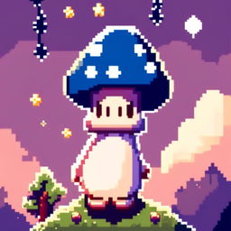 Pixel art profile picture featuring a blue mushroom under a starlit midnight sky.