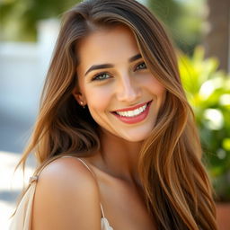 A captivating portrait of a 30-year-old woman with long brown hair, styled softly
