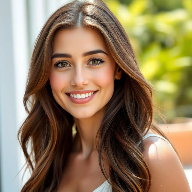 A captivating portrait of a 30-year-old woman with long brown hair, styled softly