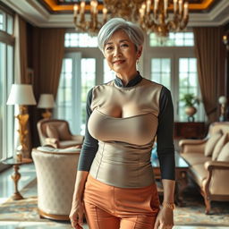 A 50-year-old Thai housekeeper with large breasts and fair skin, standing in a luxurious home