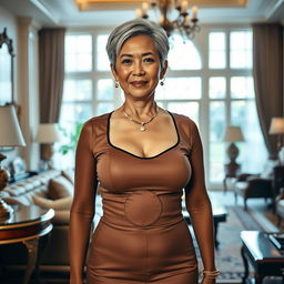A 50-year-old Thai housekeeper with large breasts and fair skin, standing in a luxurious home