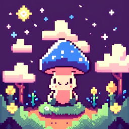 Pixel art profile picture featuring a blue mushroom under a starlit midnight sky.