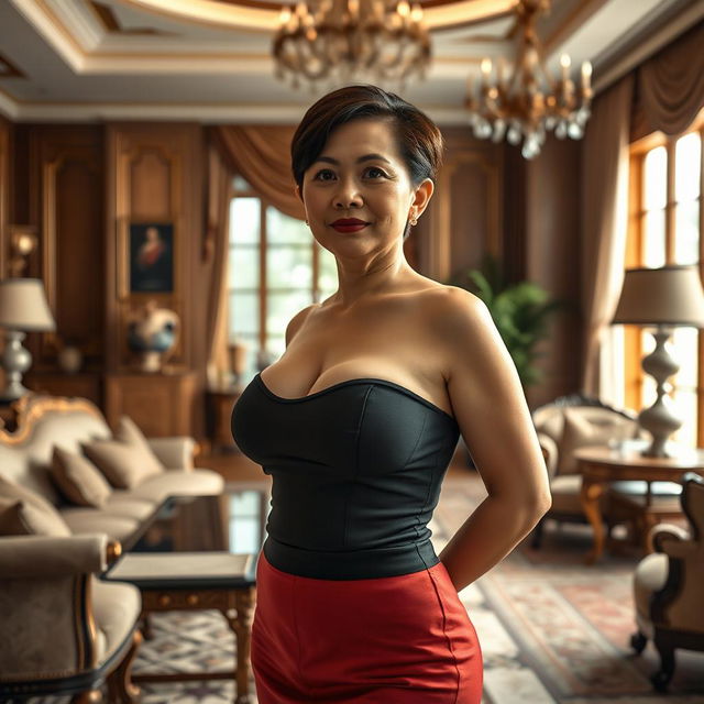 A 50-year-old Thai housekeeper with large breasts and fair skin, standing in a luxurious home