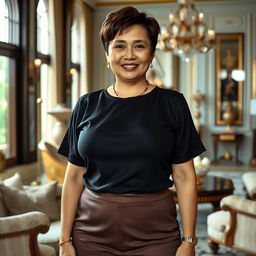A 50-year-old Thai housekeeper with large breasts and fair skin, standing in a luxurious home