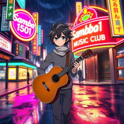 An anime character with distinct, stylish features, holding an acoustic guitar while walking towards a vibrant club named 'Samba1501 Music Club'