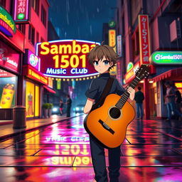 An anime character with distinct, stylish features, holding an acoustic guitar while walking towards a vibrant club named 'Samba1501 Music Club'