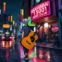 An anime character with distinct, stylish features, holding an acoustic guitar while walking towards a vibrant club named 'Samba1501 Music Club'
