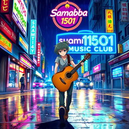 An anime character with distinct, stylish features, holding an acoustic guitar while walking towards a vibrant club named 'Samba1501 Music Club'
