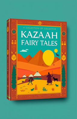 A modern book cover for a collection of Kazakh fairy tales, featuring vibrant colors and elements of traditional Kazakh culture