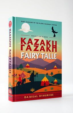 A modern book cover for a collection of Kazakh fairy tales, featuring vibrant colors and elements of traditional Kazakh culture