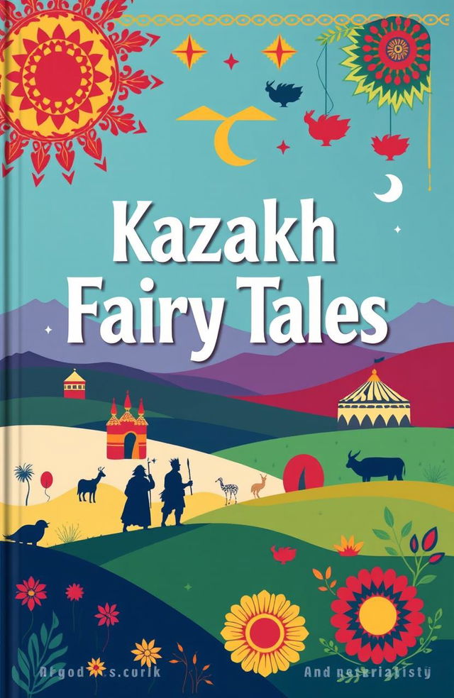 A modern book cover for a collection of Kazakh fairy tales, featuring vibrant colors and elements of traditional Kazakh culture