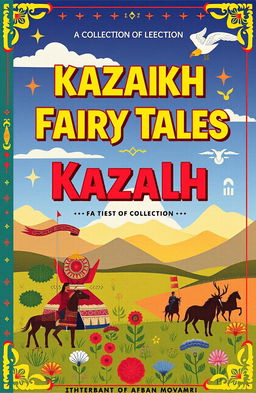 A modern book cover for a collection of Kazakh fairy tales, featuring vibrant colors and elements of traditional Kazakh culture