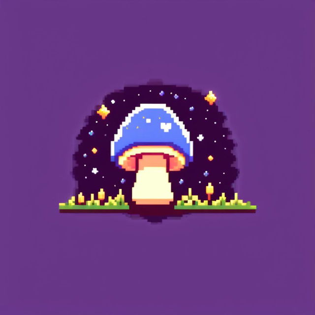 Pixel art profile picture featuring a blue mushroom under a starlit midnight sky.