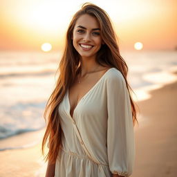 A stunning portrait of a 30-year-old woman with long brown hair, styled naturally, standing on a beautiful beach