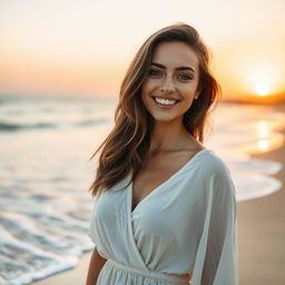 A stunning portrait of a 30-year-old woman with long brown hair, styled naturally, standing on a beautiful beach