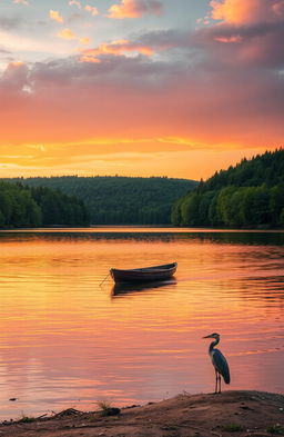 A serene and picturesque landscape featuring a tranquil lake surrounded by lush green forests in the background