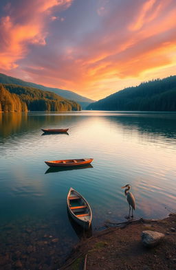 A serene and picturesque landscape featuring a tranquil lake surrounded by lush green forests in the background