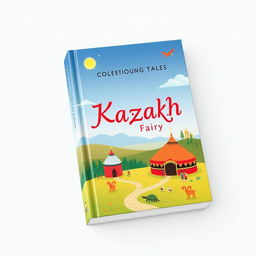 A light and modern book cover design for a collection of Kazakh fairy tales, showcasing elements of contemporary Kazakh culture