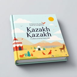 A light and modern book cover design for a collection of Kazakh fairy tales, showcasing elements of contemporary Kazakh culture