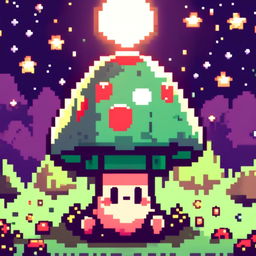 Pixel art profile picture featuring a happy green mushroom under a starlit midnight sky.