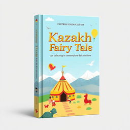 A light and modern book cover design for a collection of Kazakh fairy tales, showcasing elements of contemporary Kazakh culture